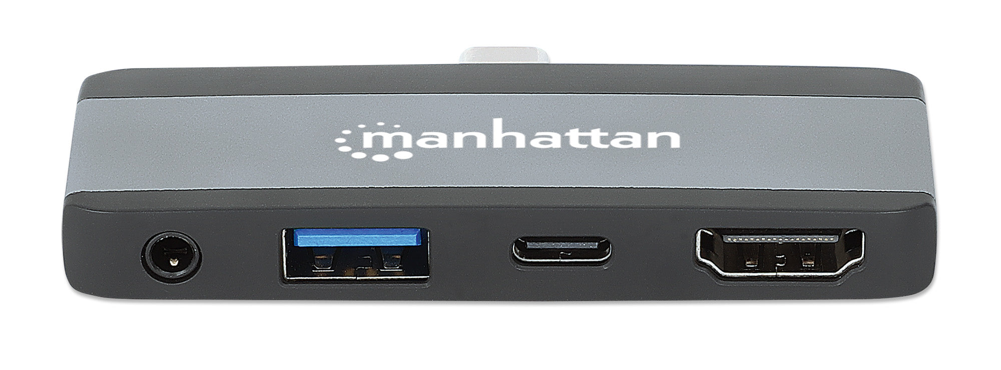 Manhattan Dock/hub de voyage USB-C, 4 ports : HDMI, USB-A, USB-C et audio 3,5 mm, avec Power Delivery (PD) 100 W - nécessite un chargeur USB-C externe (non inclus). Alimenté par USB (aucune alimentation externe requise) lorsque le PD n’est pas utilis