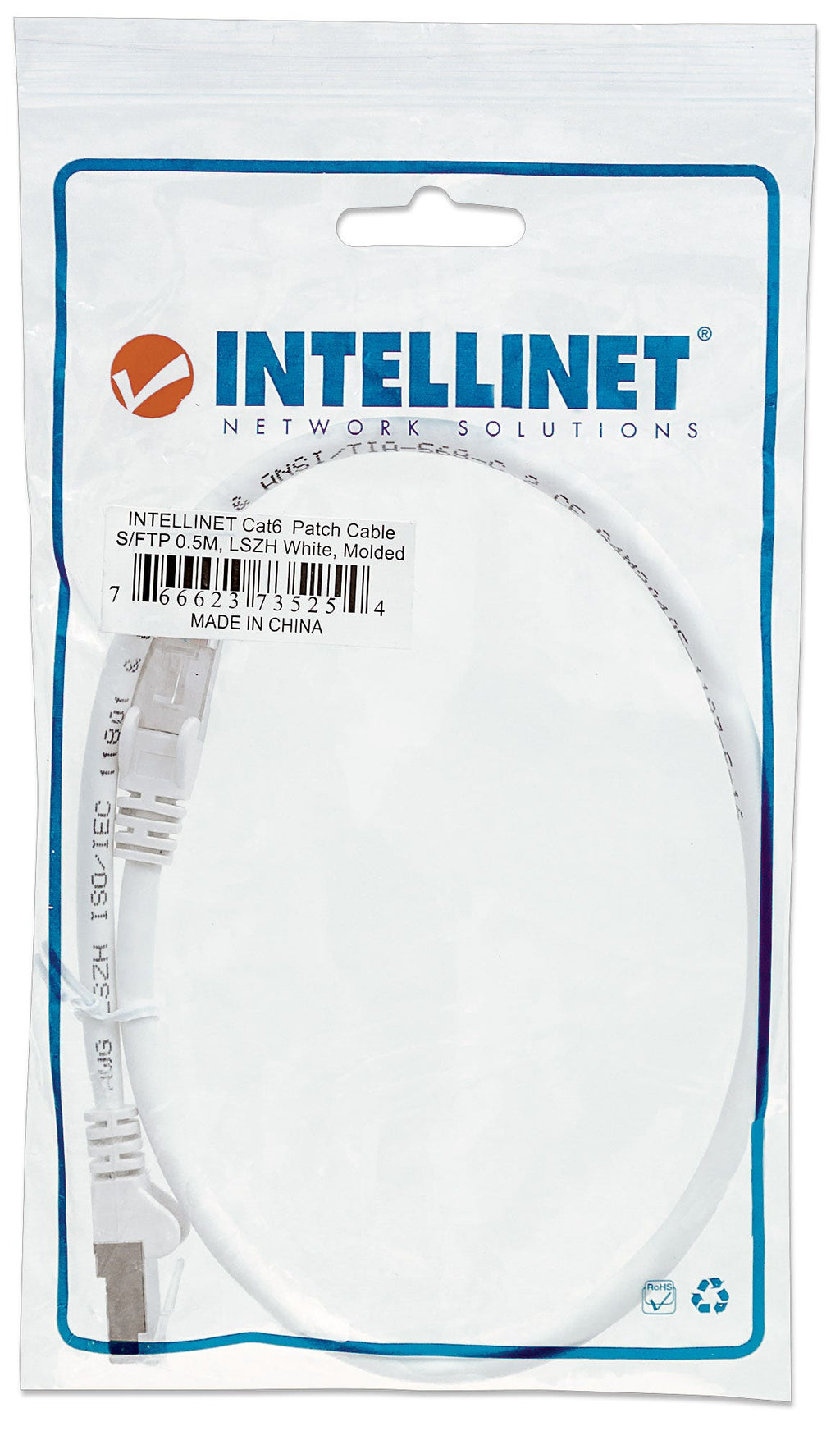 Intellinet Câble patch réseau, Cat6, 0,5 m, blanc, cuivre, S/FTP, LSOH/LSZH, PVC, RJ45, contacts plaqués or, anti-accroc