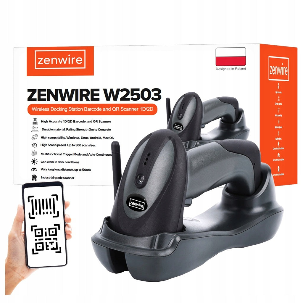 Lecteur de codes-barres et QR 1D/2D avec station d'accueil USB sans fil Zenwire W2503