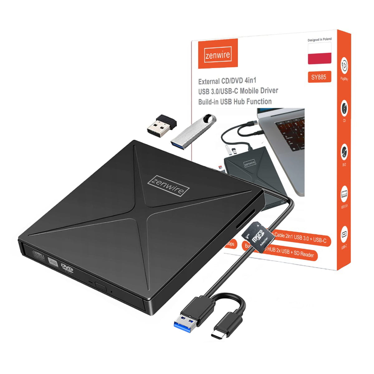 Lecteur DVD-CD-RW externe portable avec hub USB-C et USB 3.0 Zenwire 4-en-1 et lecteur de carte SD Zenwire SY885