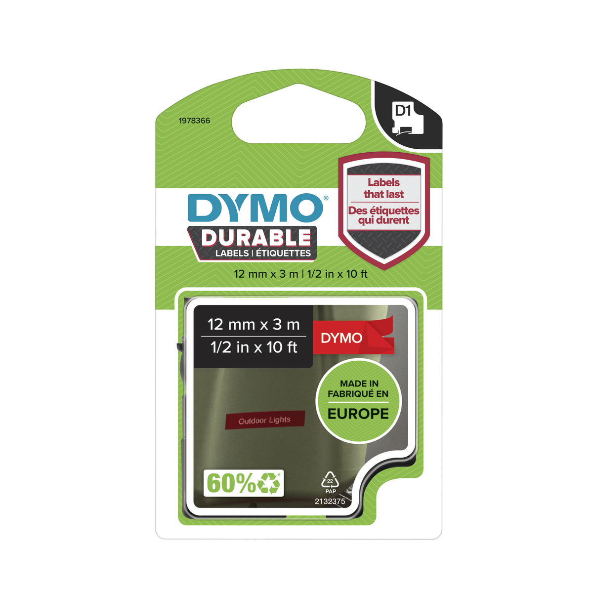 DYMO D1 Étiquettes résistantes | 12mm x 3m | impression en blanc sur fond rouge | autocollantes étiquettes authentiques pour étiqueteuses LabelManager - vue 6