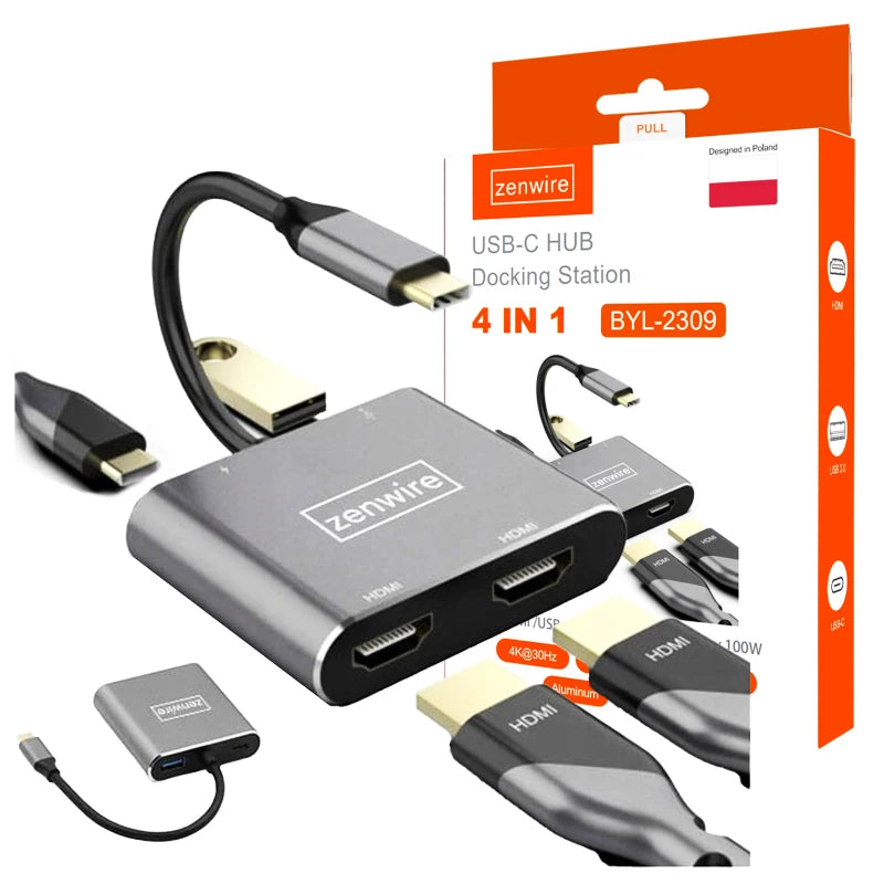 ADAPTATEUR HUB Adaptateur USB-C 4-en-1 avec 2 ports HDMI 4K et 1 port USB 3.0 Zenwire BYL-2309