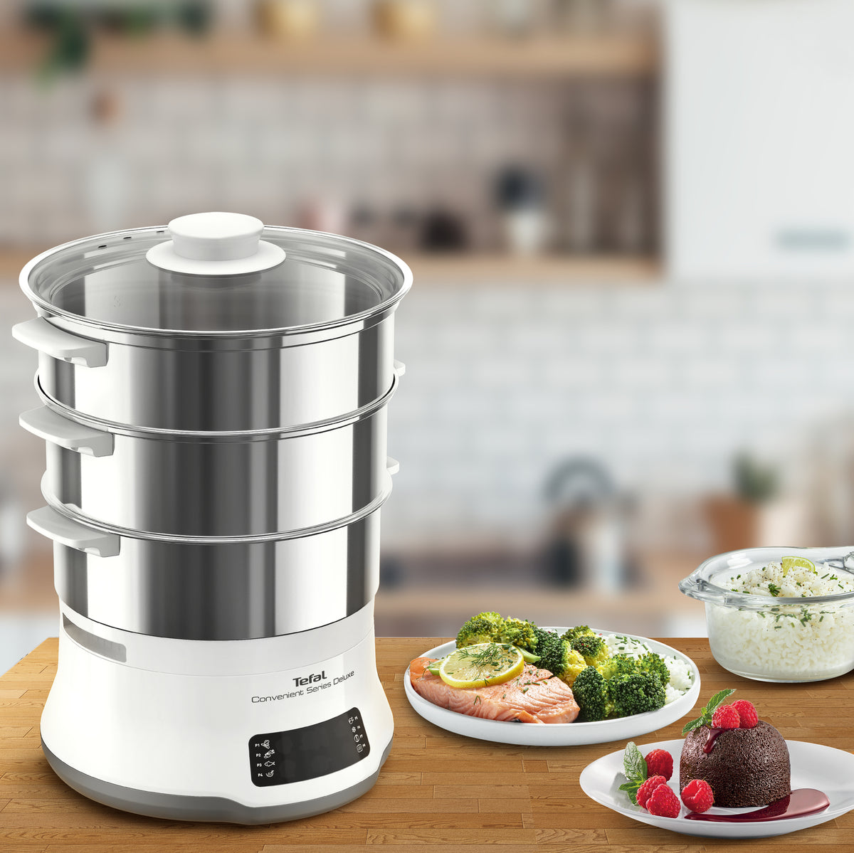 Tefal Convenient Series Deluxe VC502D Cuiseur Vapeur 3 Paniers, 900W, Acier Inoxydable et Blanc