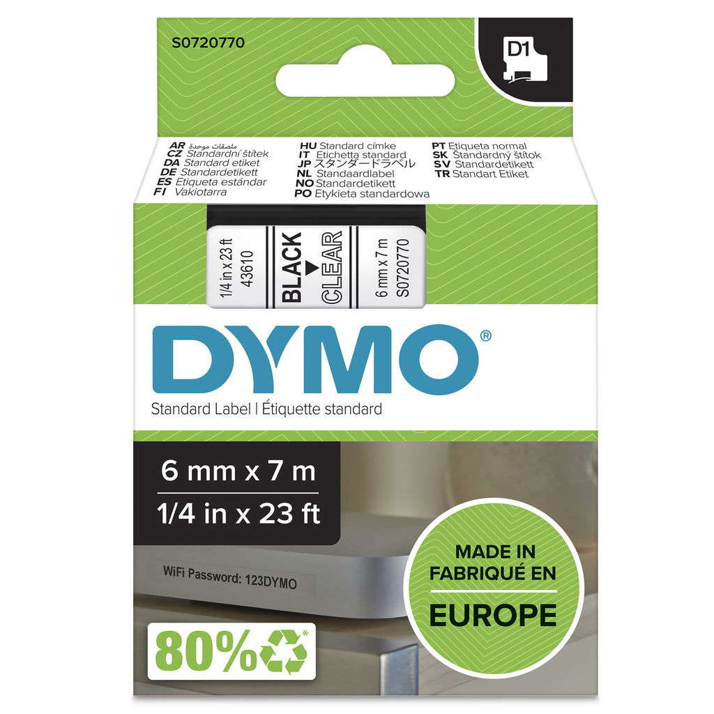 DYMO D1 étiquettes autocollantes authentiques de hautes performances en polyester | 6mm x 7m | impression en noir sur fond transparent | pour étiqueteuses LabelManager