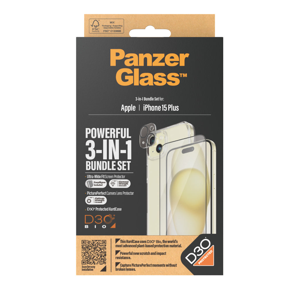 PanzerGlass Pack 3-en-1 Protection d'Écran Transparent pour iPhone 15 Plus