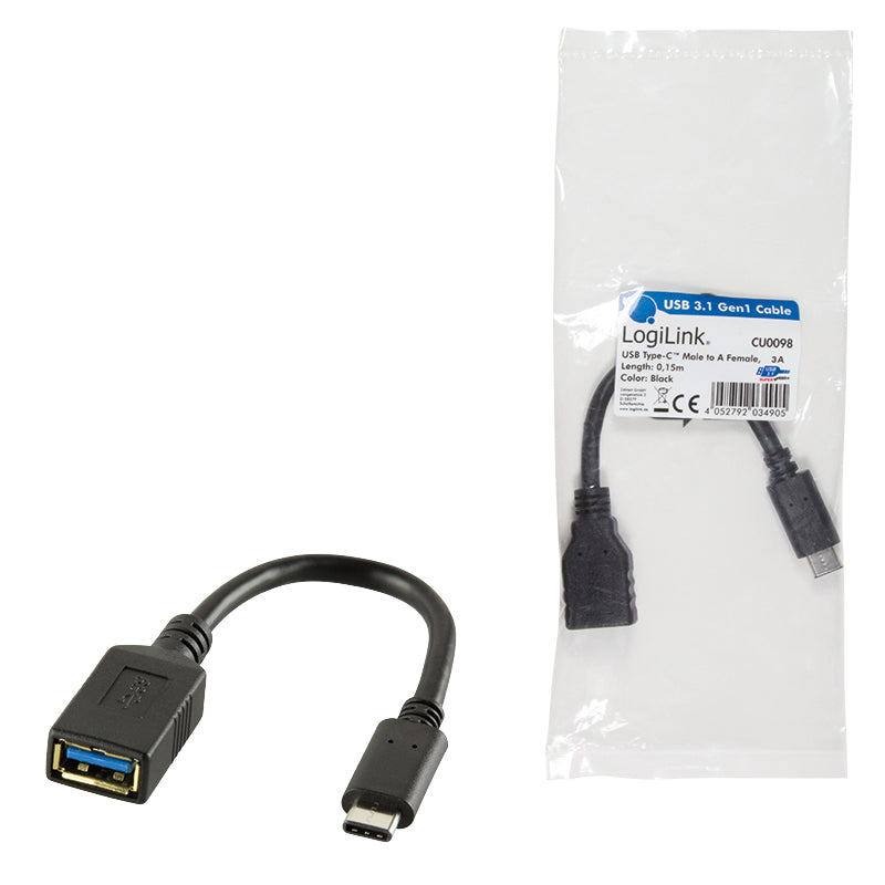 LogiLink Câble Adaptateur USB-C vers USB-A, USB 3.2 Gen 2 (3.1 Gen 2), 0,15 m, Noir