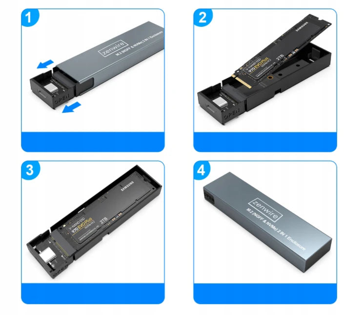Boîtier de transport pour SSD NVMe/SATA PCIe M.2 USB-C M.2 Gen 2 10 Gbit/s Zenwire BS-2809SN