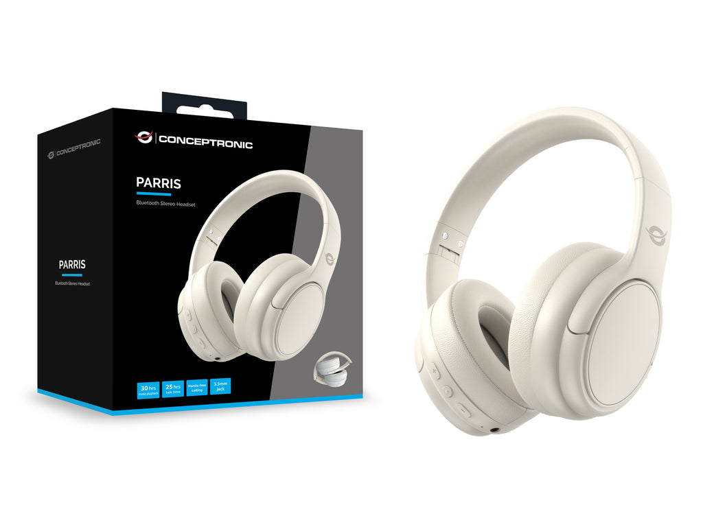 Conceptronic PARRIS03C Casque Bluetooth et Filaire, Arceau Pliable, Musique, Couleur Crème