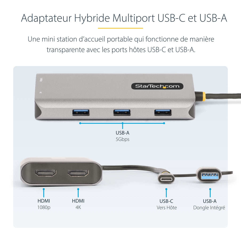 StarTech.com Adaptateur Multiport USB-C et USB-A, Double HDMI 4K30Hz/1080p60Hz, 3x USB-A 5Gbps, Station d'Accueil de Voy