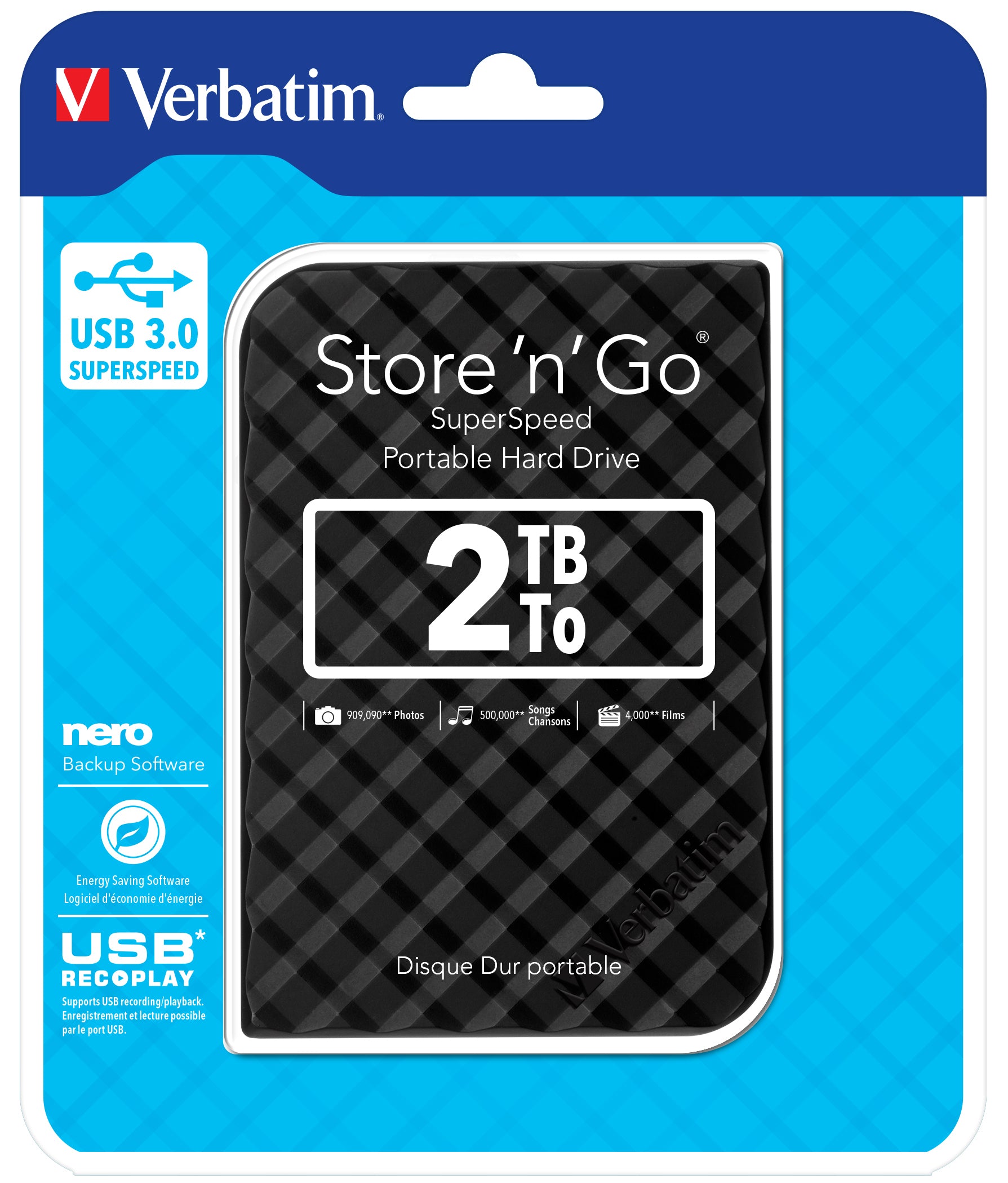 Verbatim Disque dur portable USB Store 'n' Go 3.0, 2 To, noir