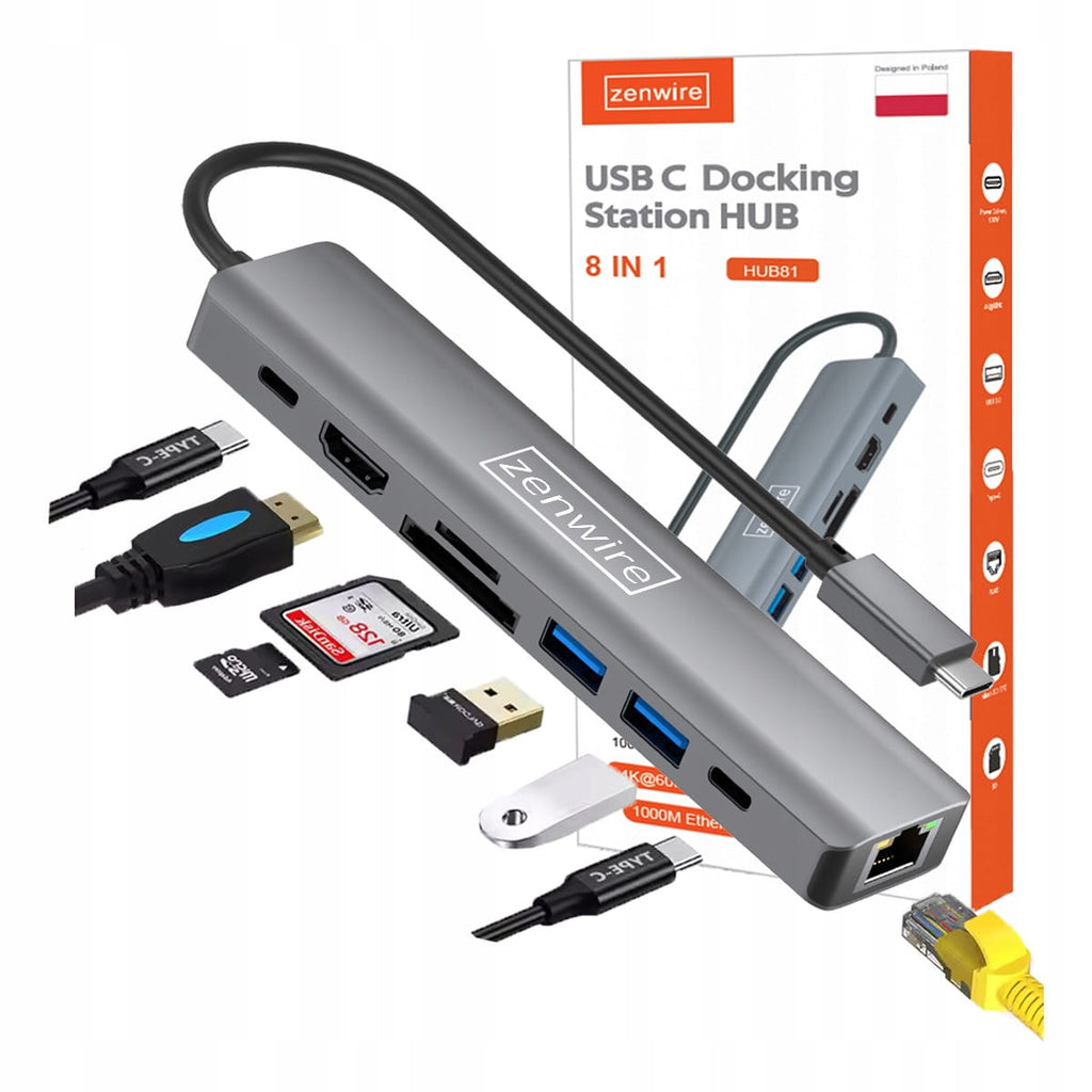 Adaptateur USB-C 8in1 HDMI 2.0 4K 60 Hz Gigabit Ethernet 1000 Mbps pour Macbook Pro Air M1 M2 M3 M4 Zenwire HUB81