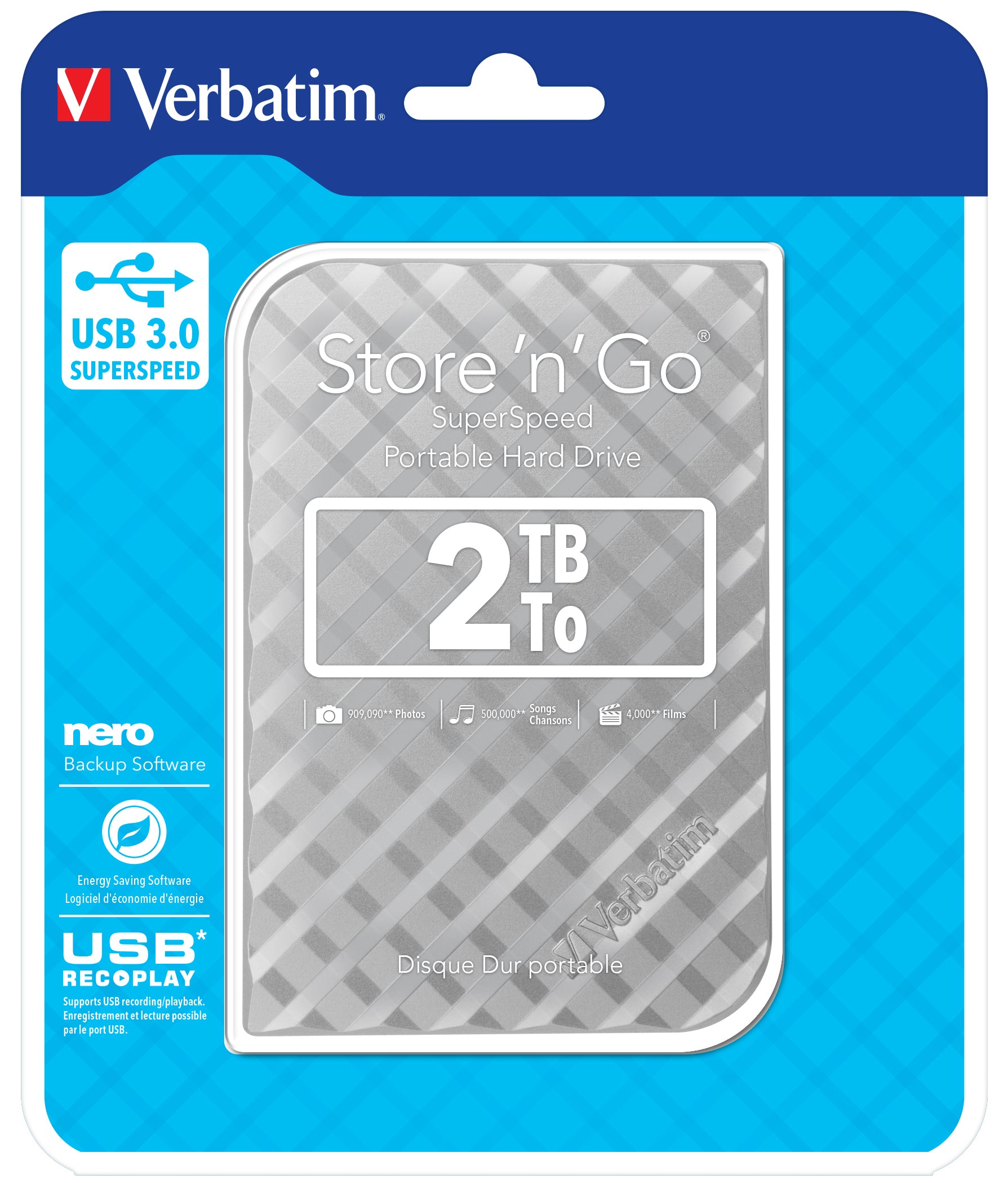 Verbatim Disque dur portable USB Store 'n' Go 3.0, 2 To, Argenté