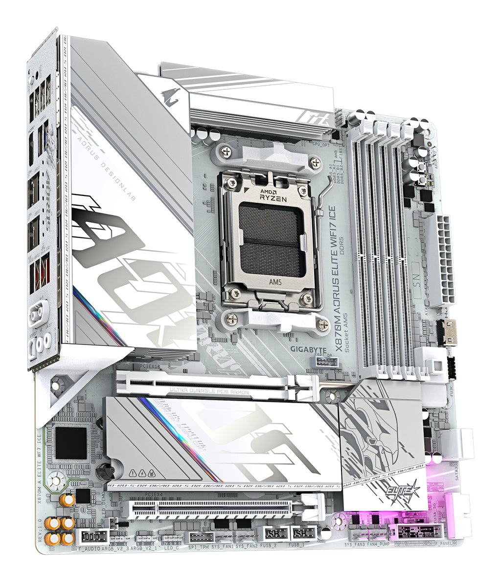 GIGABYTE X870M AORUS ELITE WIFI7 ICE Carte Mère – Compatible avec processeurs AMD Ryzen 9000, VRM numérique 14+2+2 phases, jusqu’à 8200 Hz DDR5 (O.C), 1× PCIe 5.0 + 1× PCIe 4.0, Wi-Fi 7, LAN 2.5 GbE, USB 4