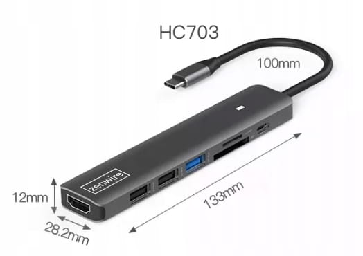 Hub adaptateur USB-C 7-en-1 HDMI 4K USB 3.0 SD PD compatible avec MacBook M1, M2 et M3 - LED Zenwire BS-HC703