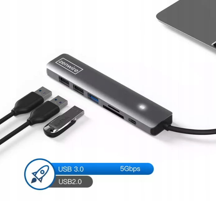Hub adaptateur USB-C 7-en-1 HDMI 4K USB 3.0 SD PD compatible avec MacBook M1, M2 et M3 - LED Zenwire BS-HC703