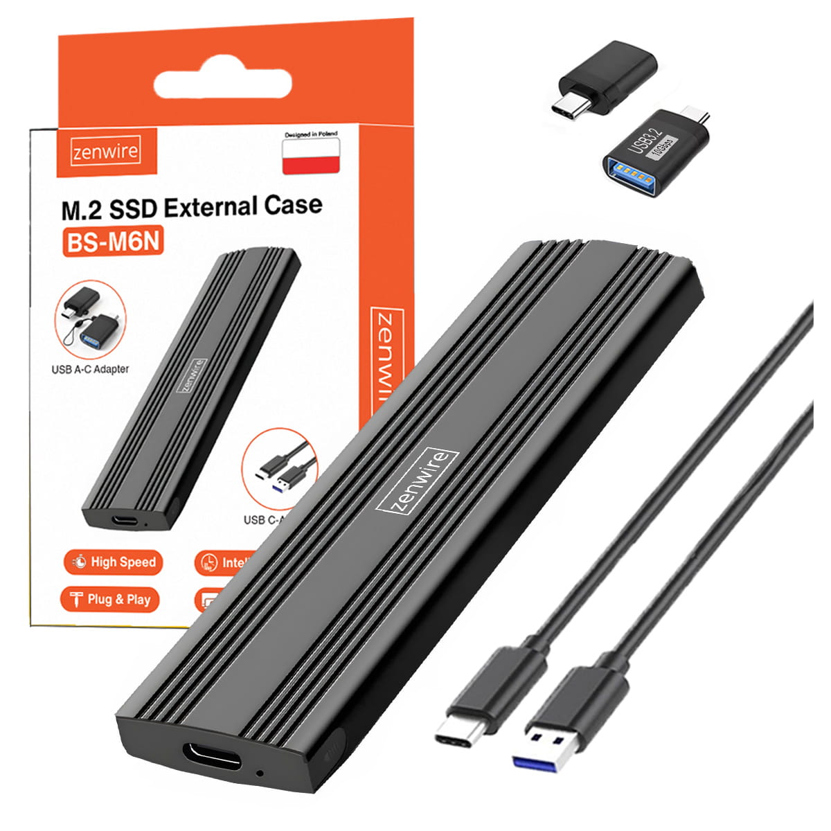 Boîtier SSD Adaptateur M.2 NVMe PCIe USB-C Lecteur de disques Emplacement pour disque M.2 2230 2242 2260 2280 Zenwire BS-M6N