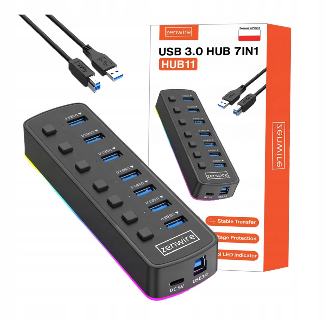 Hub USB 3.0 actif 7-en-1, répartiteur de ports USB-C avec LED RGB, 5 Go  Zenwire HUB11