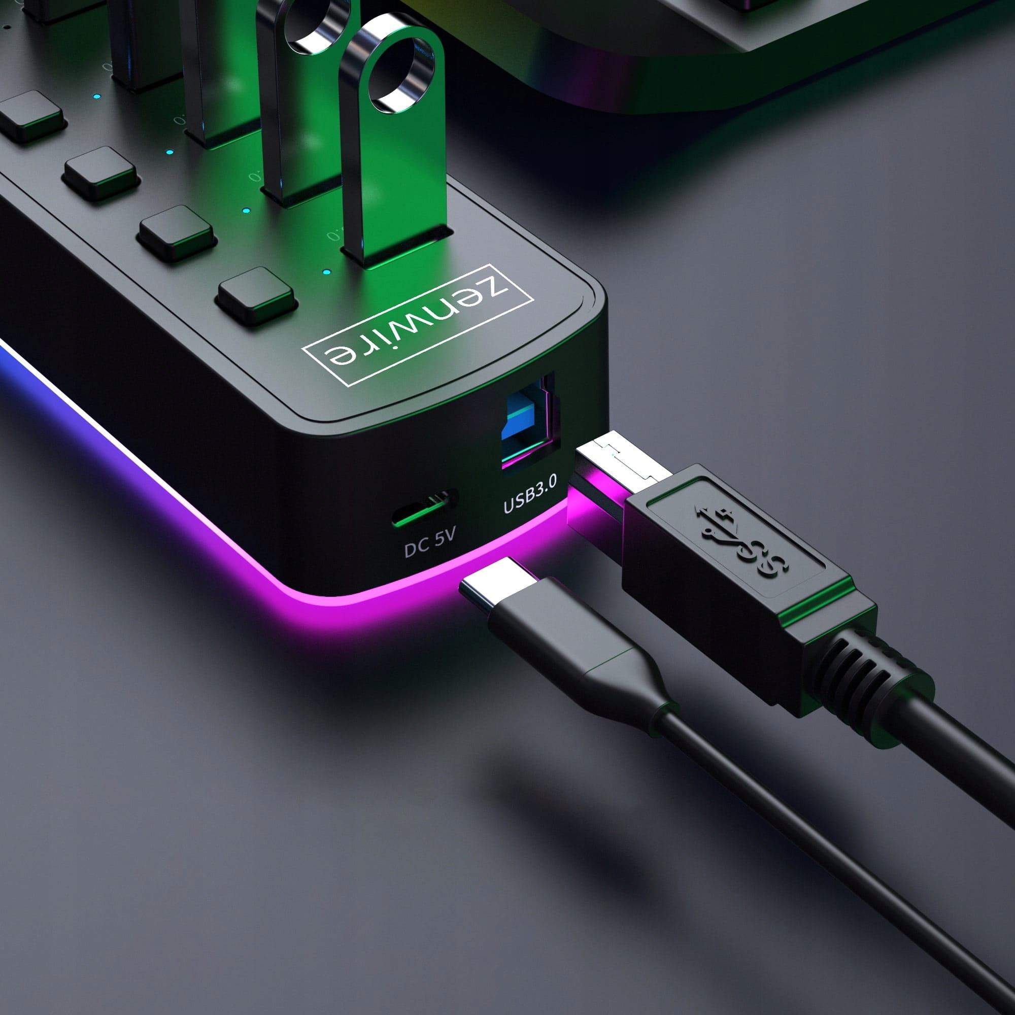 Hub USB 3.0 actif 7-en-1, répartiteur de ports USB-C avec LED RGB, 5 Go  Zenwire HUB11