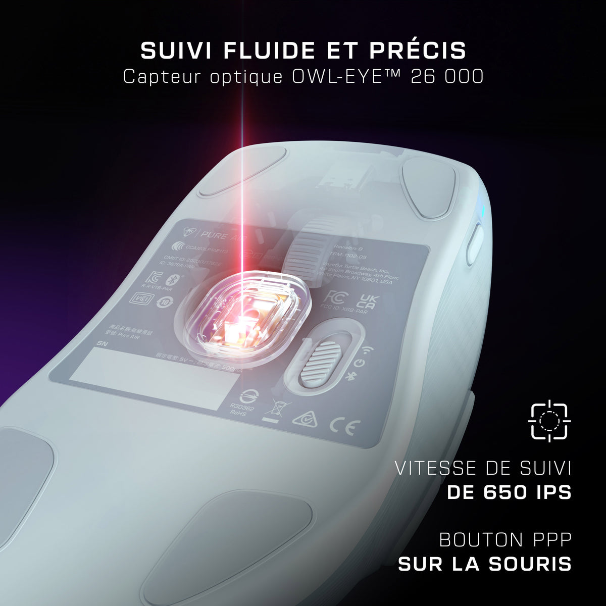 Turtle Beach Pure Air - Souris de gaming RGB ergonomique sans fil ultra-légère, capteur optique 26 000 PPP, batterie 125h, interrupteurs optiques TITAN, Bluetooth, éclairage RGB - Blanc - vue 8