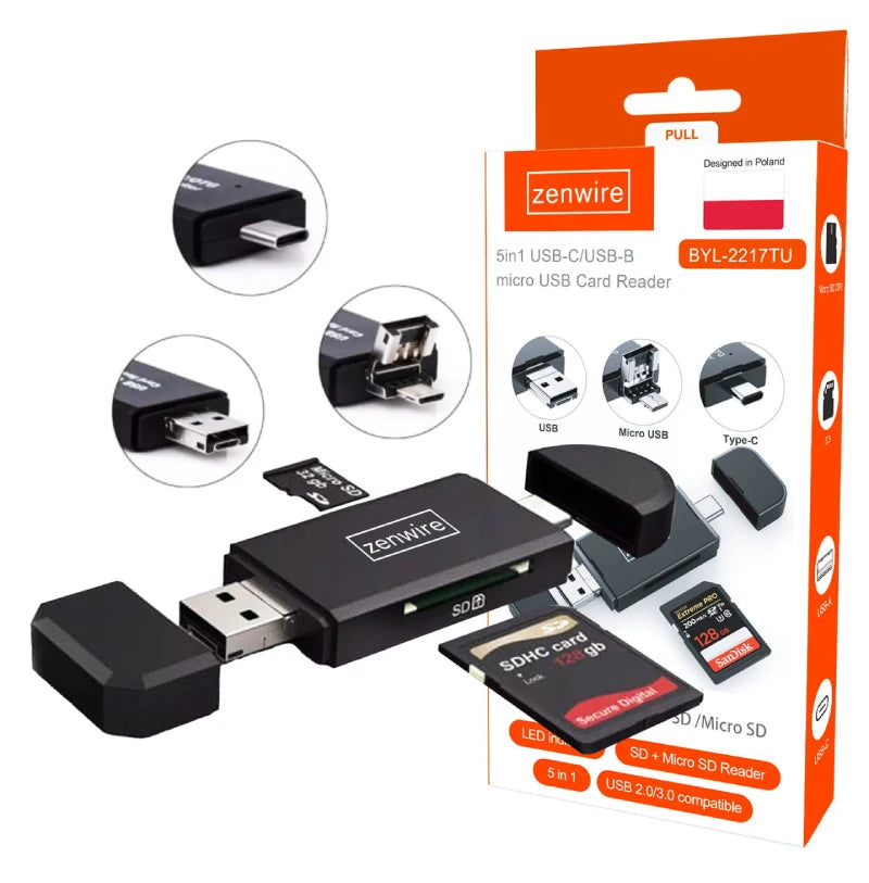 Lecteur de cartes SD, adaptateur 5-en-1, clé USB, Micro USB, USB-C, OTG, Zenwire BYL-2217TU