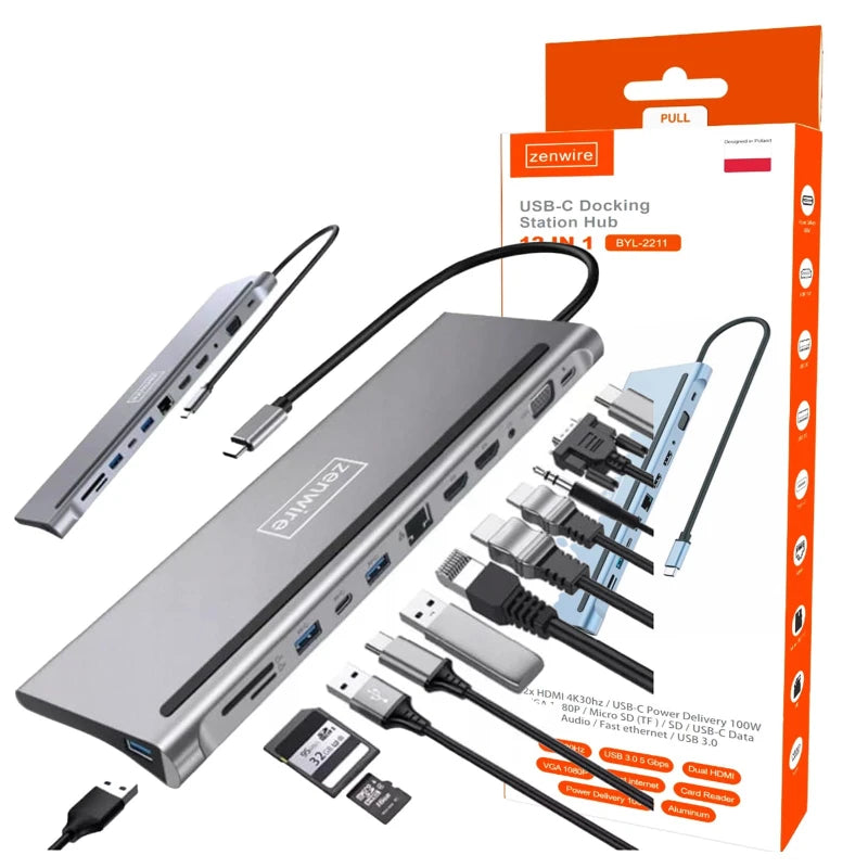 STATION D'ACCUEIL HUB ADAPTATEUR USB-C 12-en-1 Station d'accueil 2x HDMI 4K ETHERNET RJ45 USB 3.0 SD M1 M2 M3 Zenwire BYL-2211