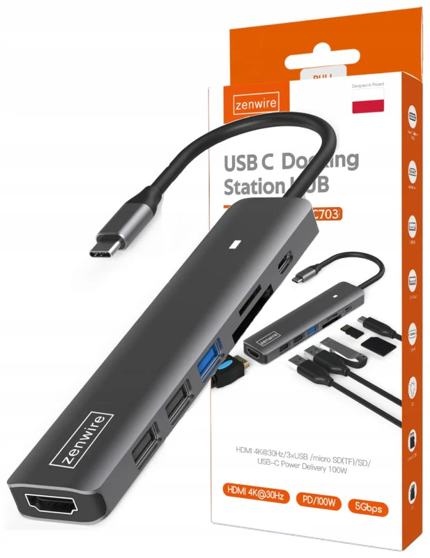 Hub adaptateur USB-C 7-en-1 HDMI 4K USB 3.0 SD PD compatible avec MacBook M1, M2 et M3 - LED Zenwire BS-HC703
