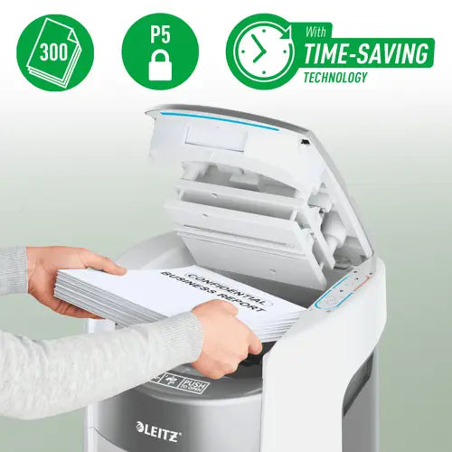 Leitz IQ OptiMax Autofeed Office 300 P5 destructeur de papier Découpage par micro-broyage 55 dB 22,5 cm Blanc - vue 2