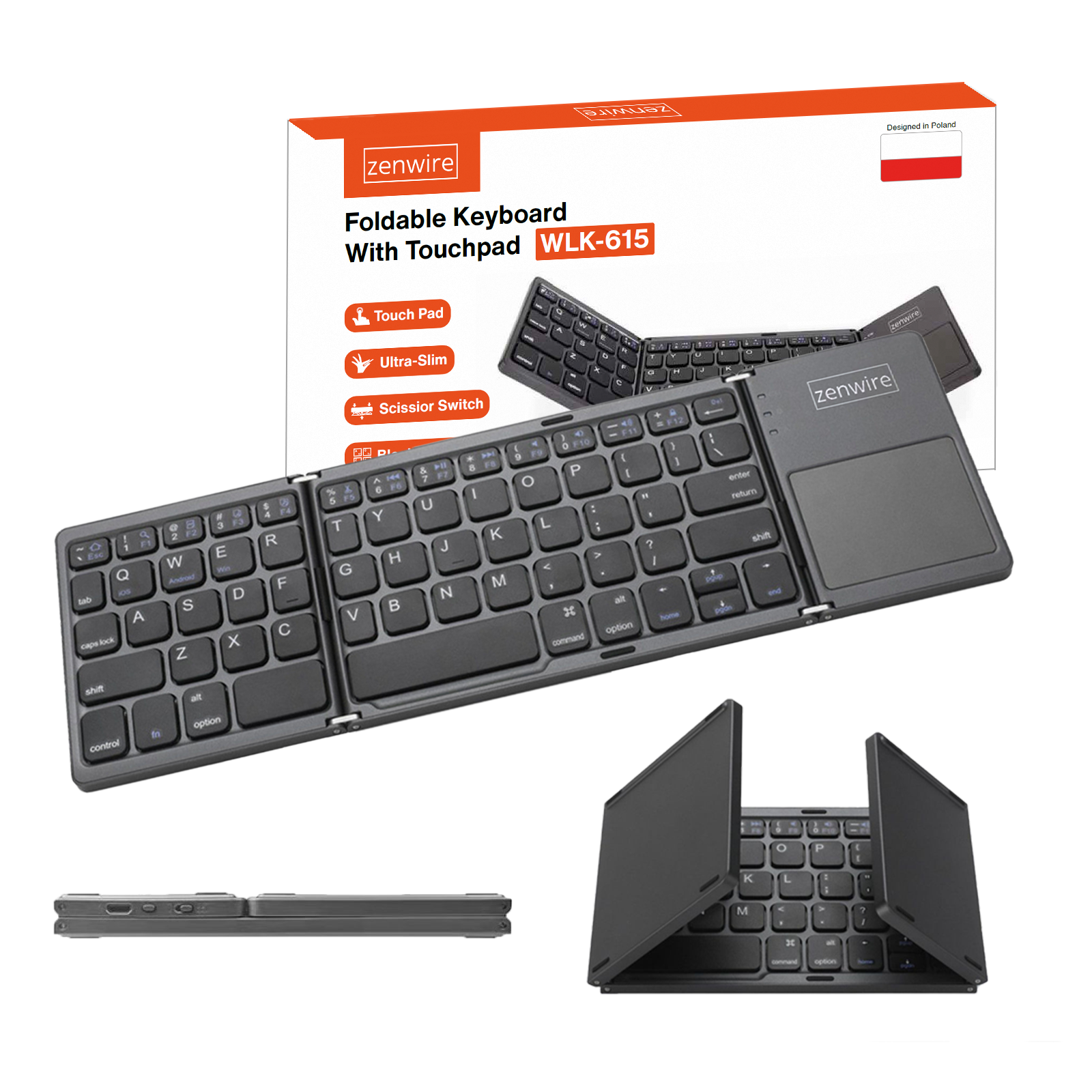 Clavier sans fil Bluetooth 5.0, pliable et portable pour tablette, modèle SLIM et silencieux, Zenwire WLK-615