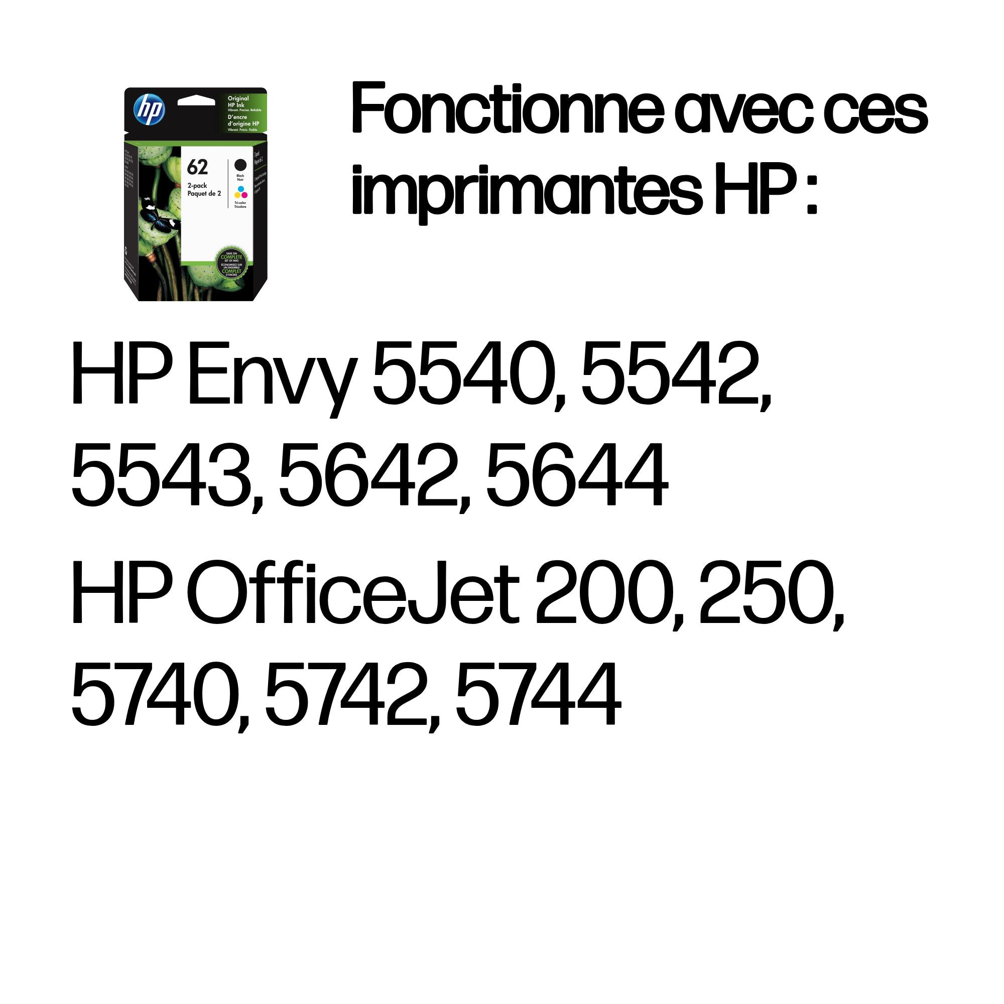 HP 62 pack de 2 cartouches authentiques d'encre noire / trois couleurs