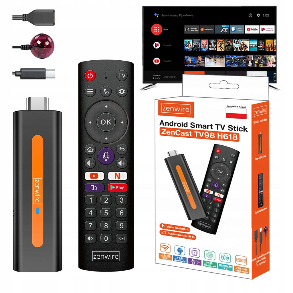 Lecteur multimédia, boîtier Android 14, Smart TV Stick Box WiFi 2/16, ZENWIRE Zencast TV98 H618