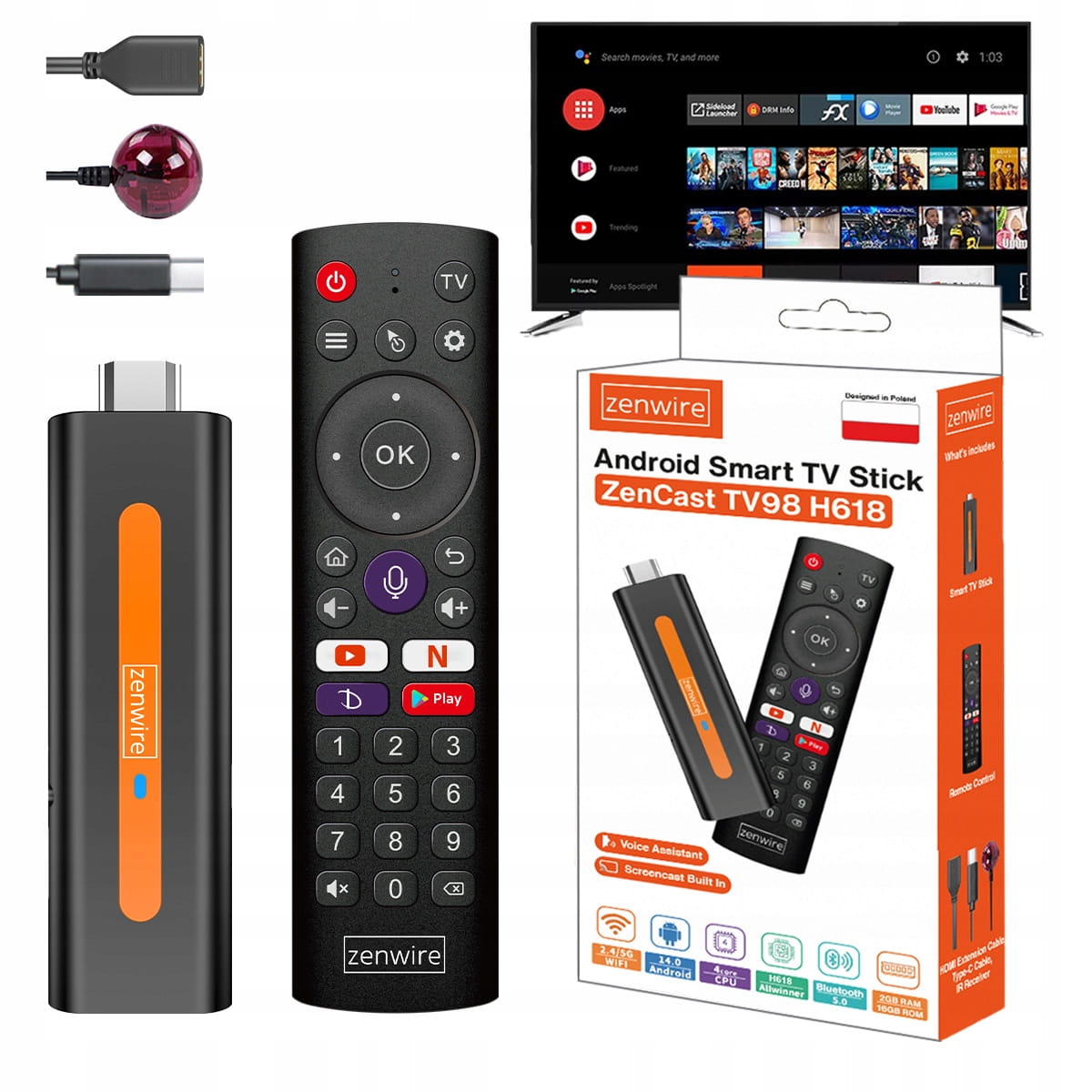 Lecteur multimédia, boîtier Android 14, Smart TV Stick Box WiFi 2/16, ZENWIRE Zencast TV98 H618