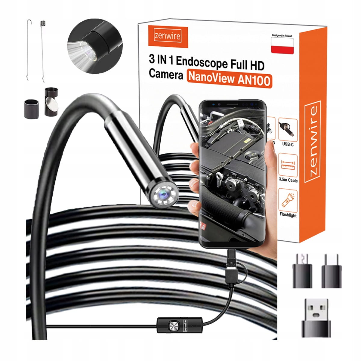 Caméra d'inspection d'atelier, endoscope pour téléphone Android, câble USB-C de 3,5 m, Zenwire AN100