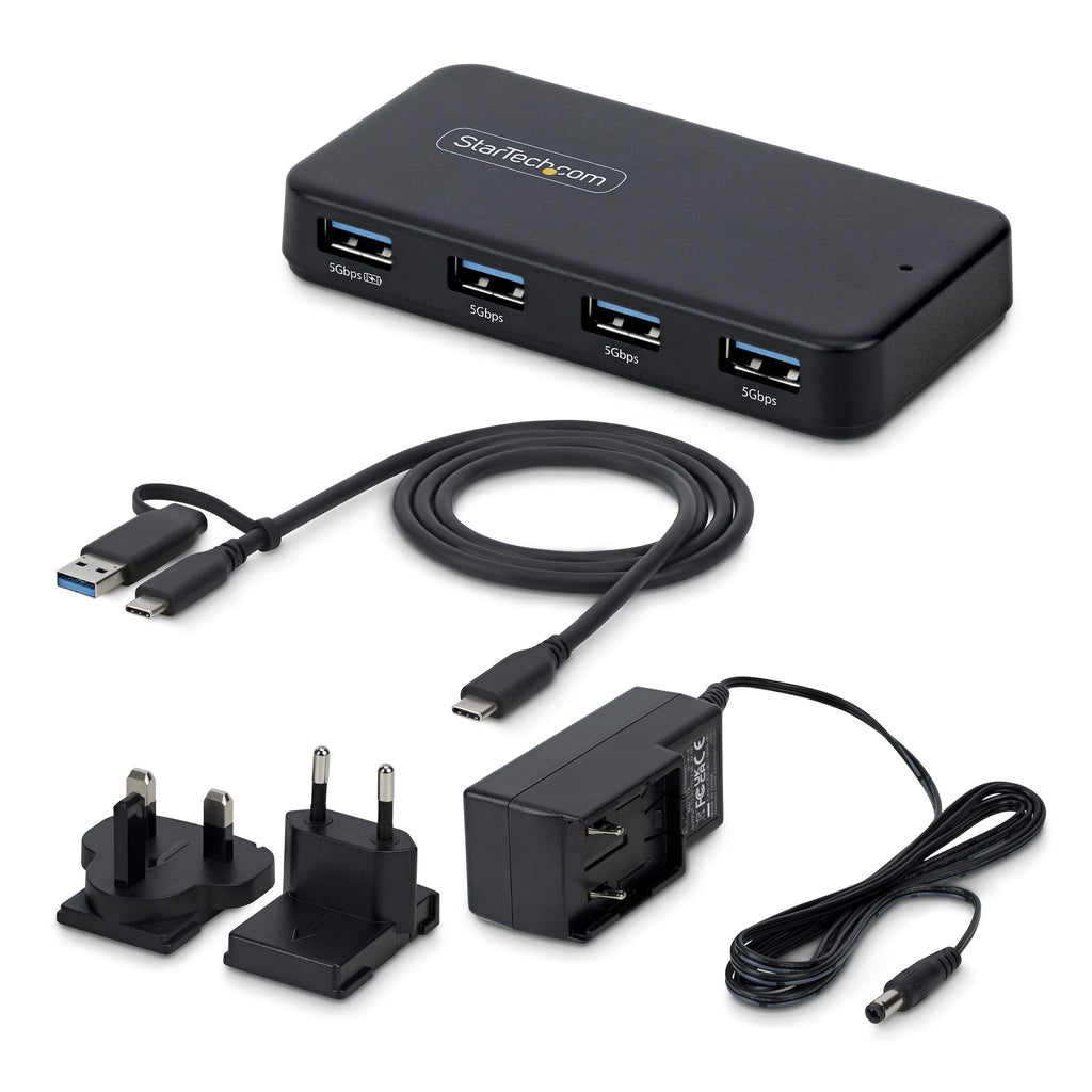 StarTech.com Hub USB-A 4 Ports 5 Gbps Auto-Alimenté, Câble Hôte USB-C et USB-A 2-en-1, Port de Charge BC 1.2, Adaptateur