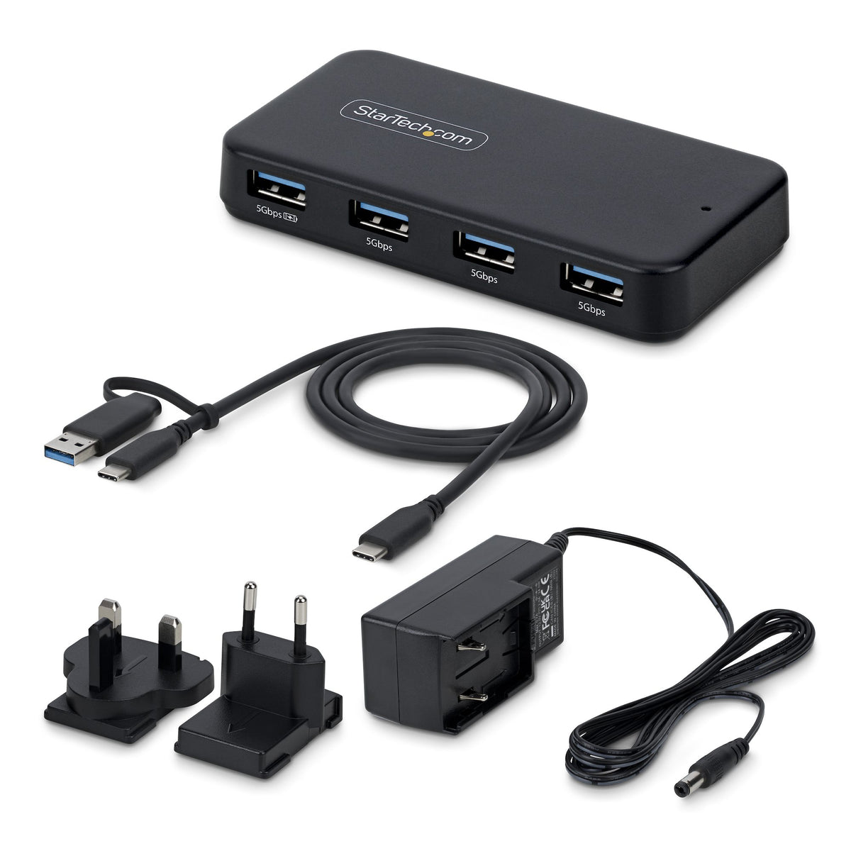 StarTech.com Hub USB-A 4 Ports 5 Gbps Auto-Alimenté, Câble Hôte USB-C et USB-A 2-en-1, Port de Charge BC 1.2, Adaptateur