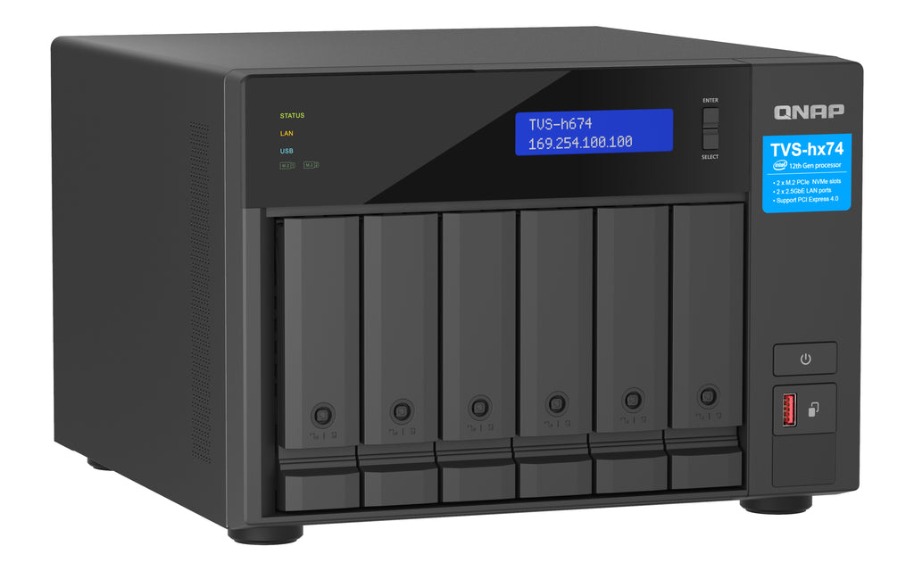 QNAP TVS-H674 NAS Tower Intel® Core™ i5 i5-12400 32 Go DDR4 0 To QuTS hero Noir - vue 3