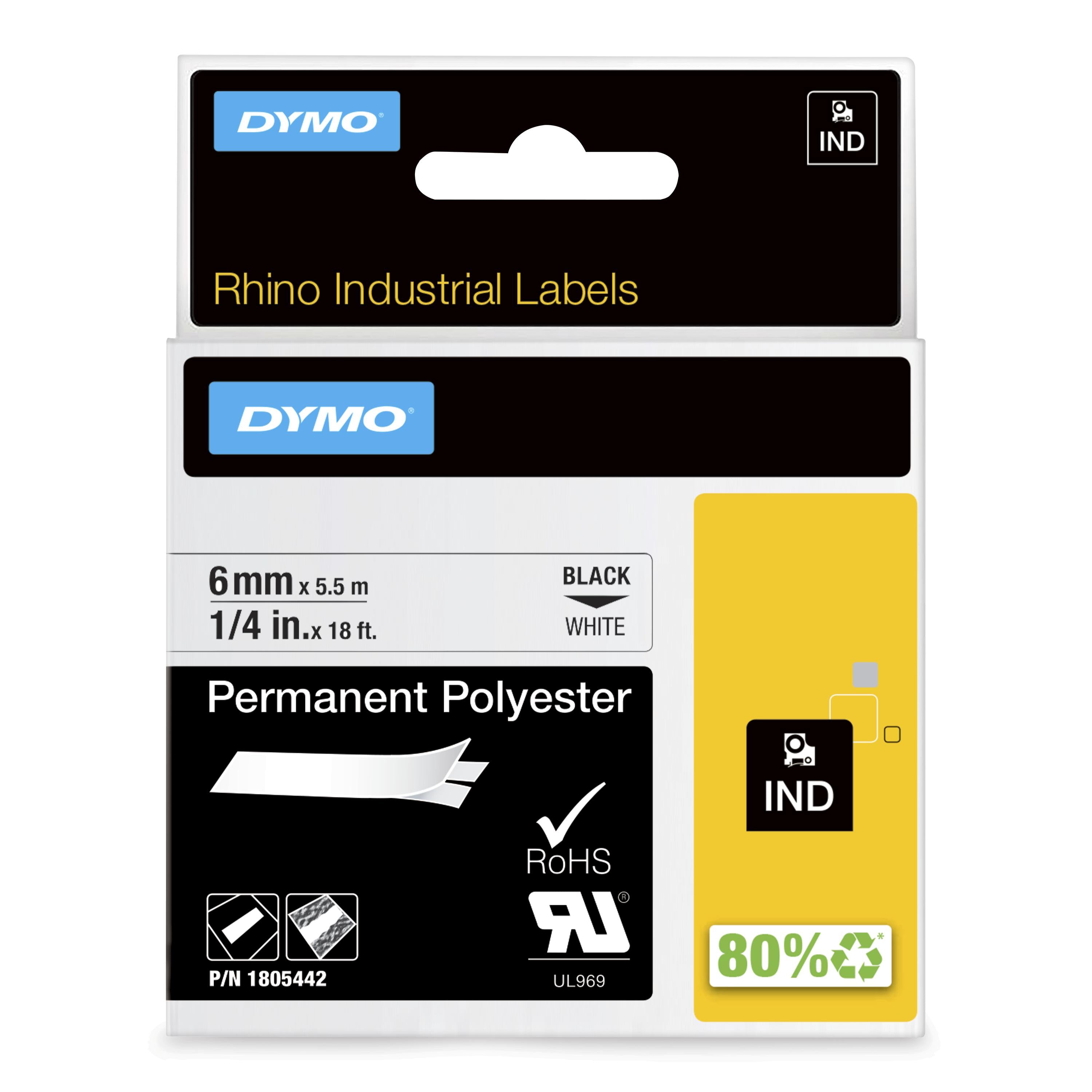 DYMO Rhino Étiquettes Industrielles | polyester permanent | 6 mm x 5,5 m | autocollantes impression en Noir sur fond blanc | pour étiqueteuses Rhino et LabelManager
