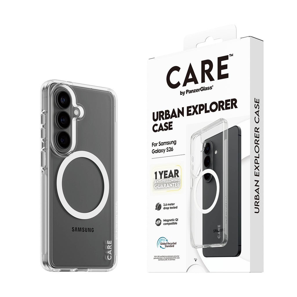 PanzerGlass CARE Urban Explorer Coque Transparent avec White Qi pour Samsung Galaxy S26