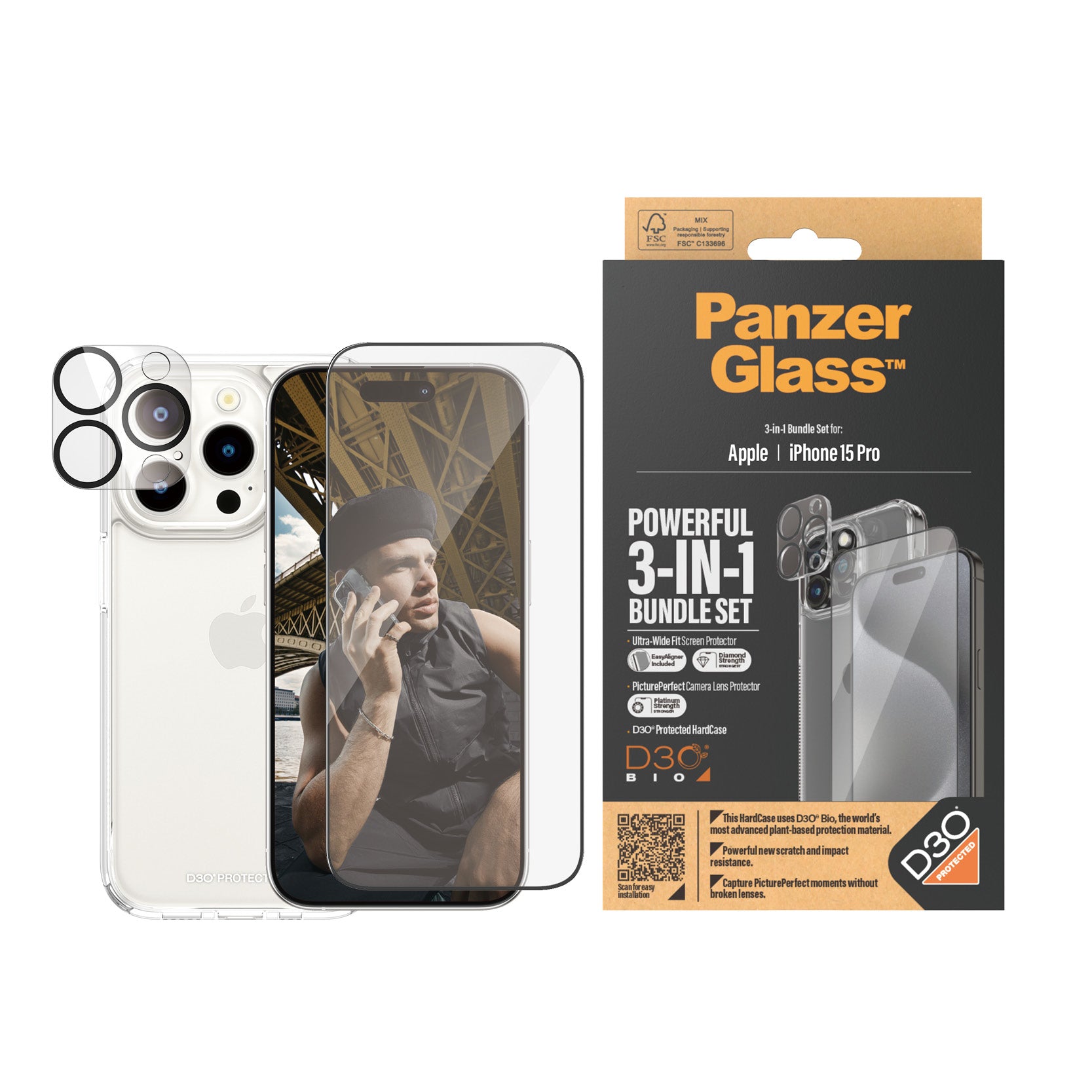 PanzerGlass ® 3-in-1 Bundle iPhone 15 Pro Protection d'écran transparent Apple 1 pièce(s)