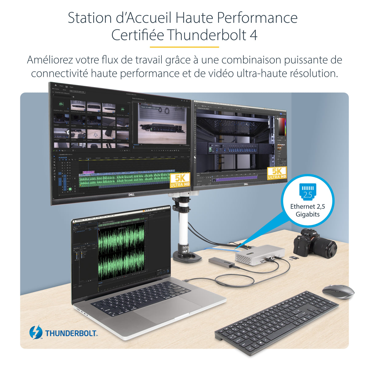 StarTech.com Station d'Accueil Universelle USB4 et Thunderbolt 4, Quatre Écrans sous Windows, Deux Écrans sur MacBook, Station d'Accueil HDMI DP avec Chargeur pour PC Portable 100W