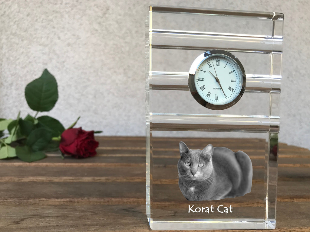 Korat - glass clock with a photo, photo of a cat in crystal, personalized standing office clock by Art-Dog brand