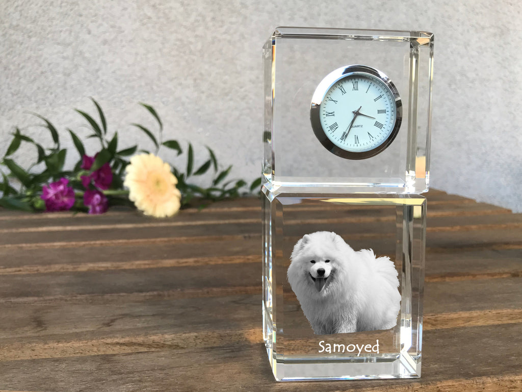 Samoyed, Bjelkier, Samoiedskaya Sobaka - crystal clock with a photo, a photo of a dog in crystal, personalized desk clock by Art-Dog brand