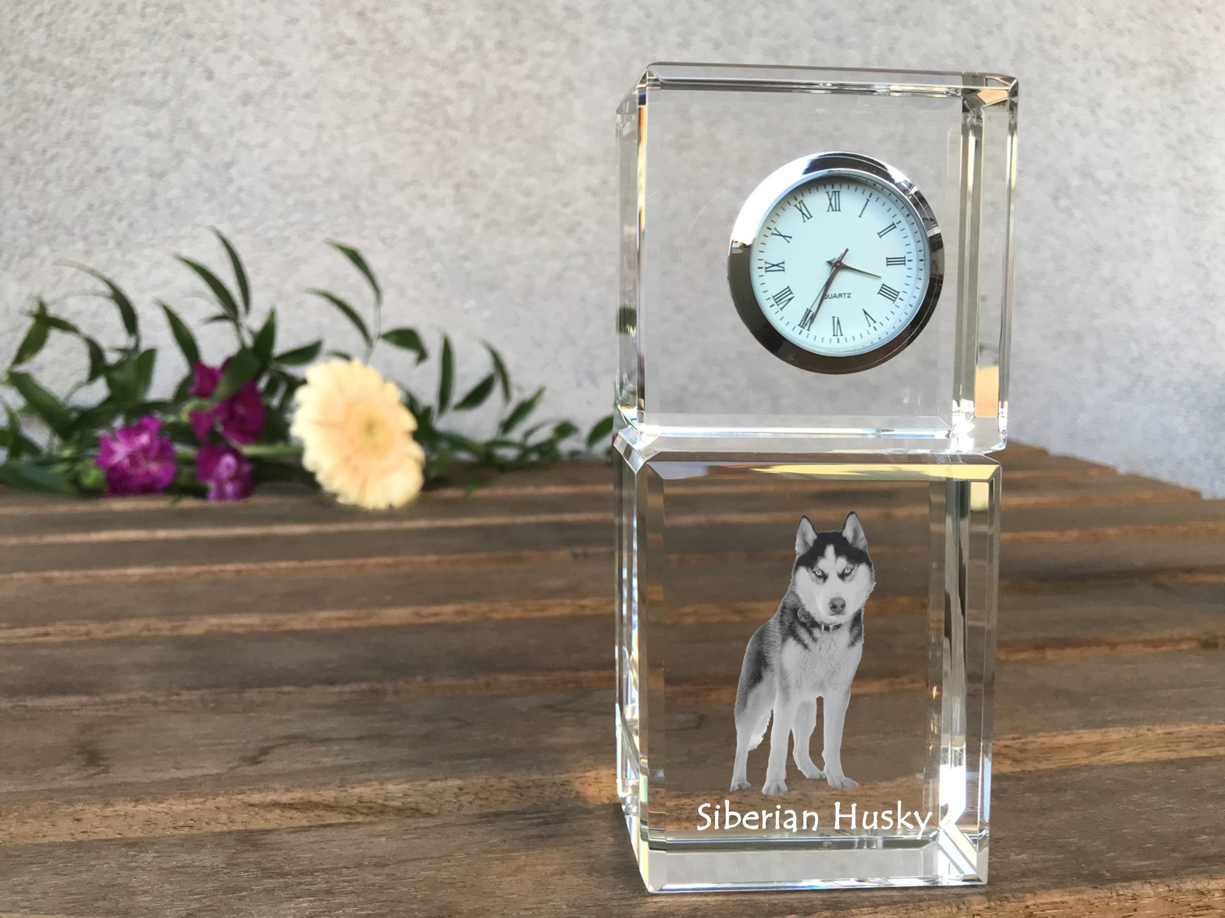 Siberian Husky, Chukcha - crystal clock with a photo, a photo of a dog in crystal, personalized desk clock by Art-Dog brand