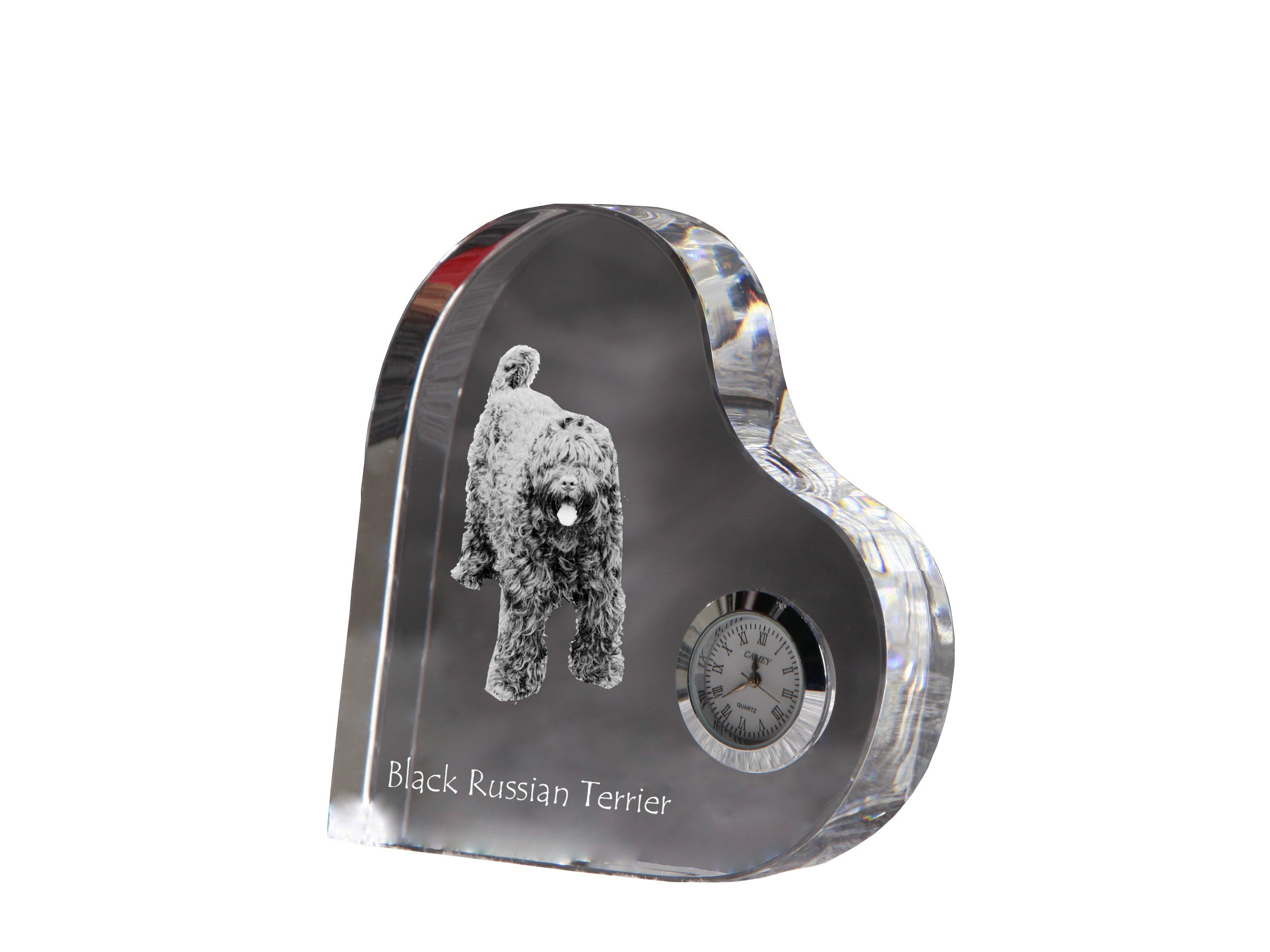 Black Russian Terrier, Chornyi Terrier - crystal clock with a dog picture, heart-shaped shelf clock, personalized standing clock by Art-Dog brand