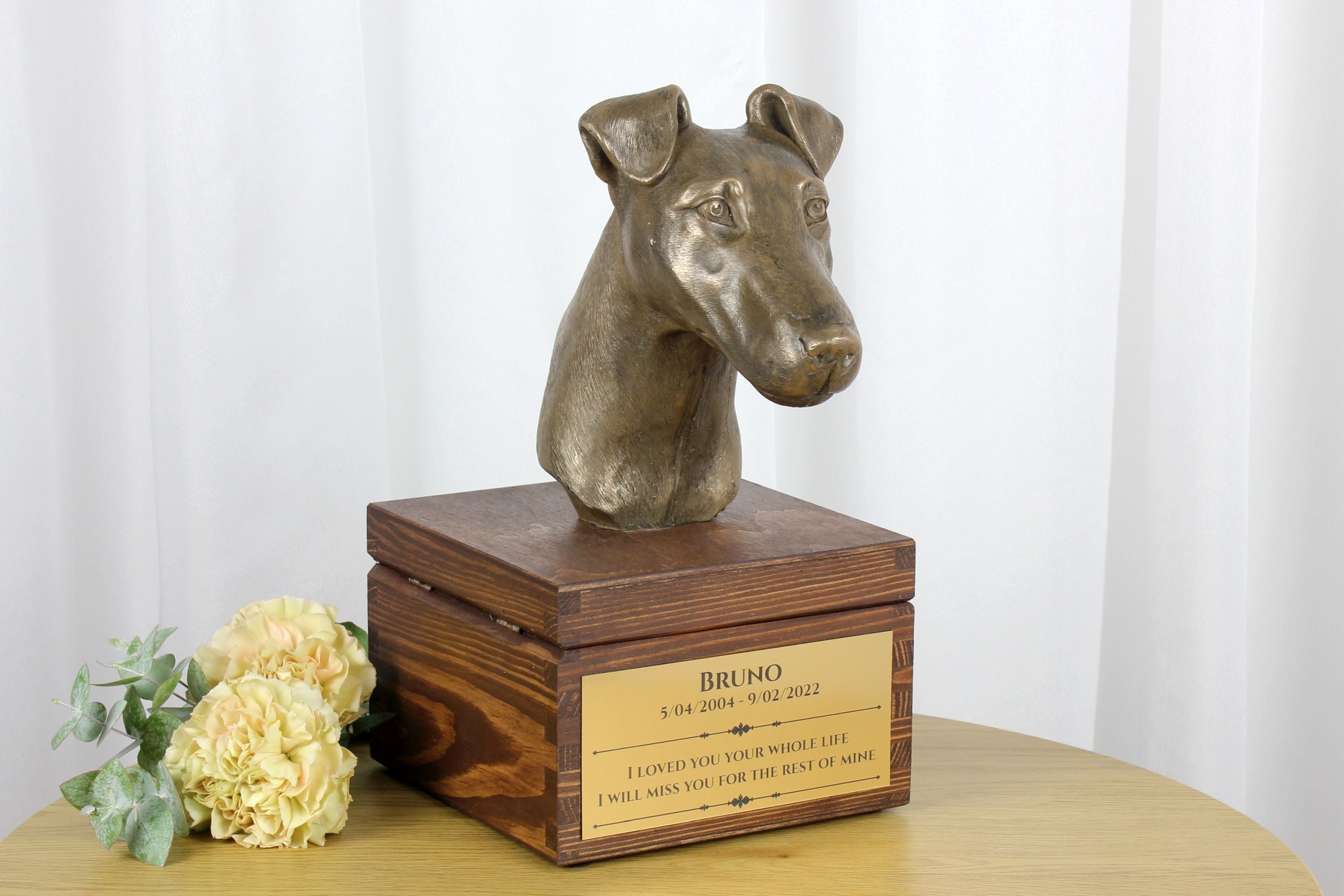 Fox Terrier Smooth - urn for dog ashes with a statuette, small urn for a dog, personalized urn with a bust of a dog by Art-Dog brand