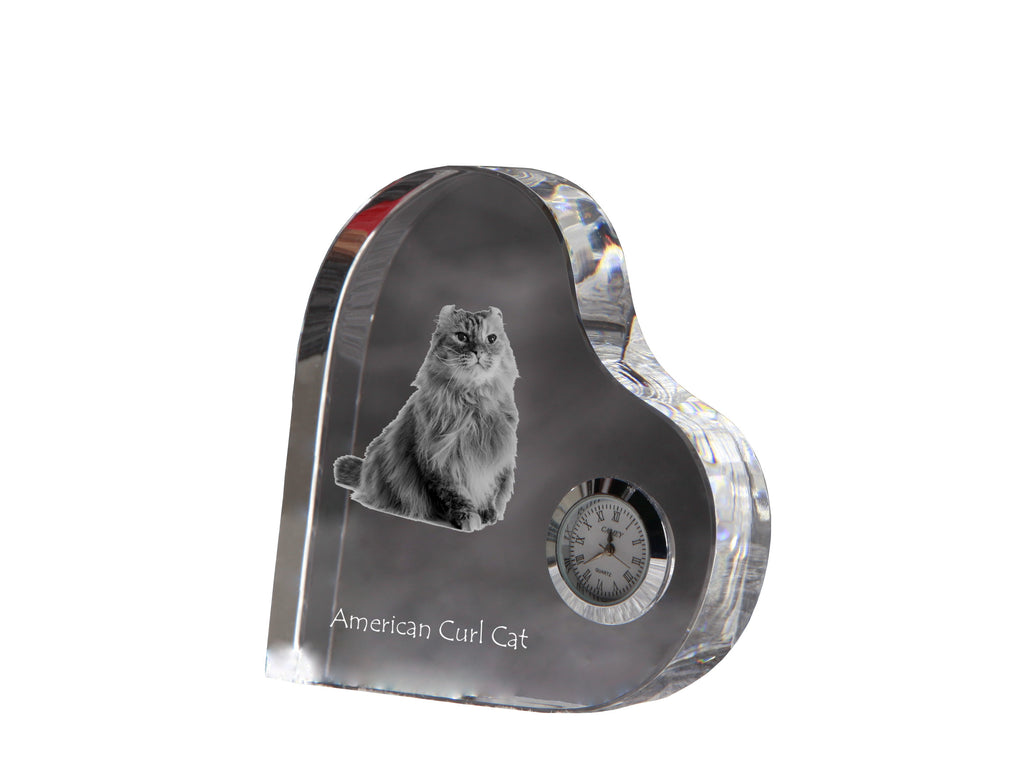 American Curl - crystal clock with a picture of a cat, heart-shaped shelf clock, personalized standing clock by Art-Dog brand