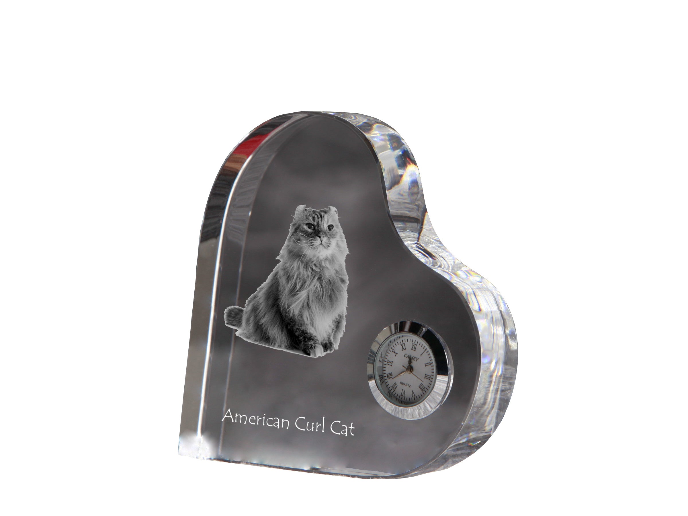 American Curl - crystal clock with a picture of a cat, heart-shaped shelf clock, personalized standing clock by Art-Dog brand