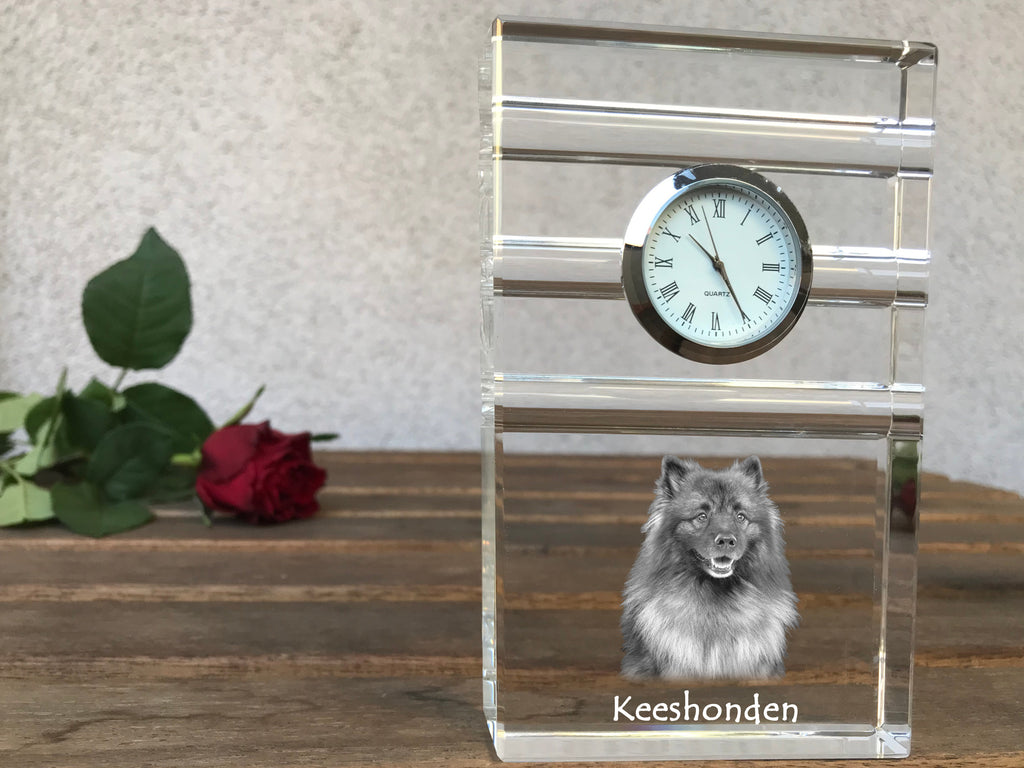 Keeshond, Dutch Barge Dog, Smiling Dutchman, - glass clock with a photo, photo of a dog in crystal, personalized standing office clock by Art-Dog brand