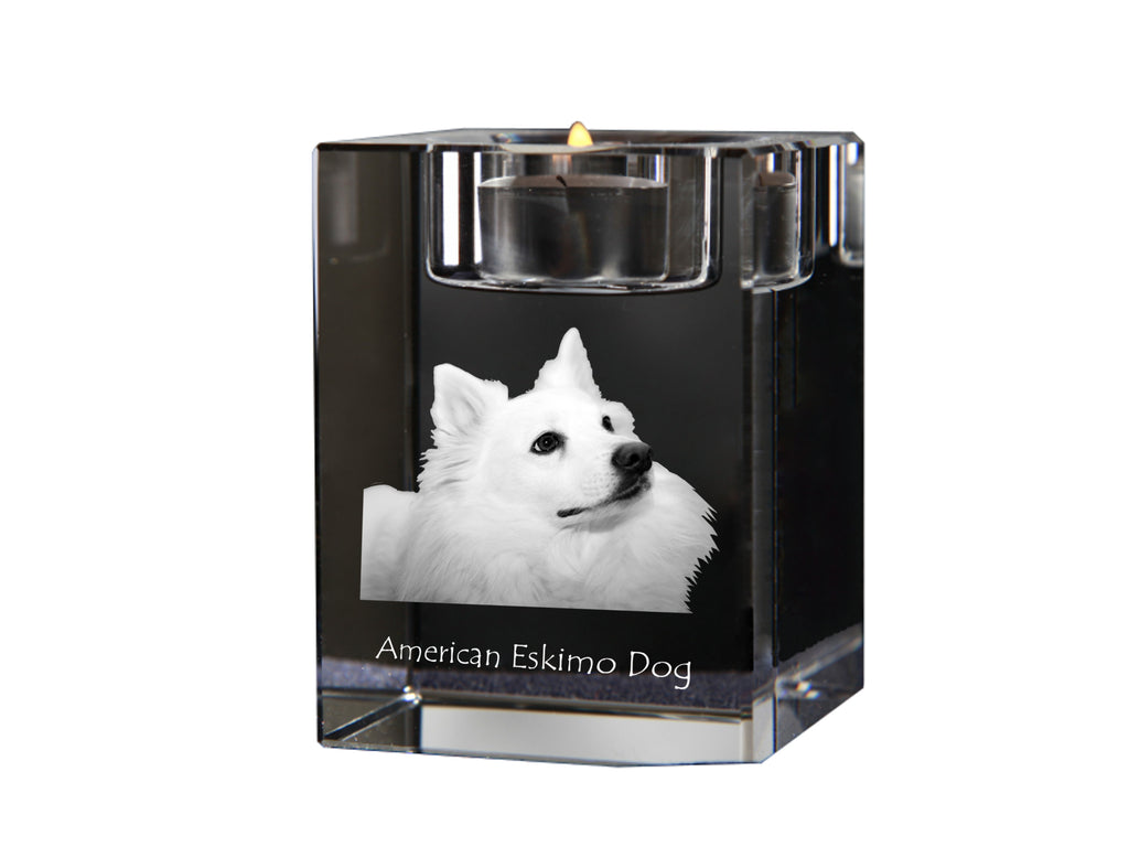 American Eskimo Dog, American Spitz - Candle holder with dog photo, crystal tealight holder, personalised gift by Art-Dog brand