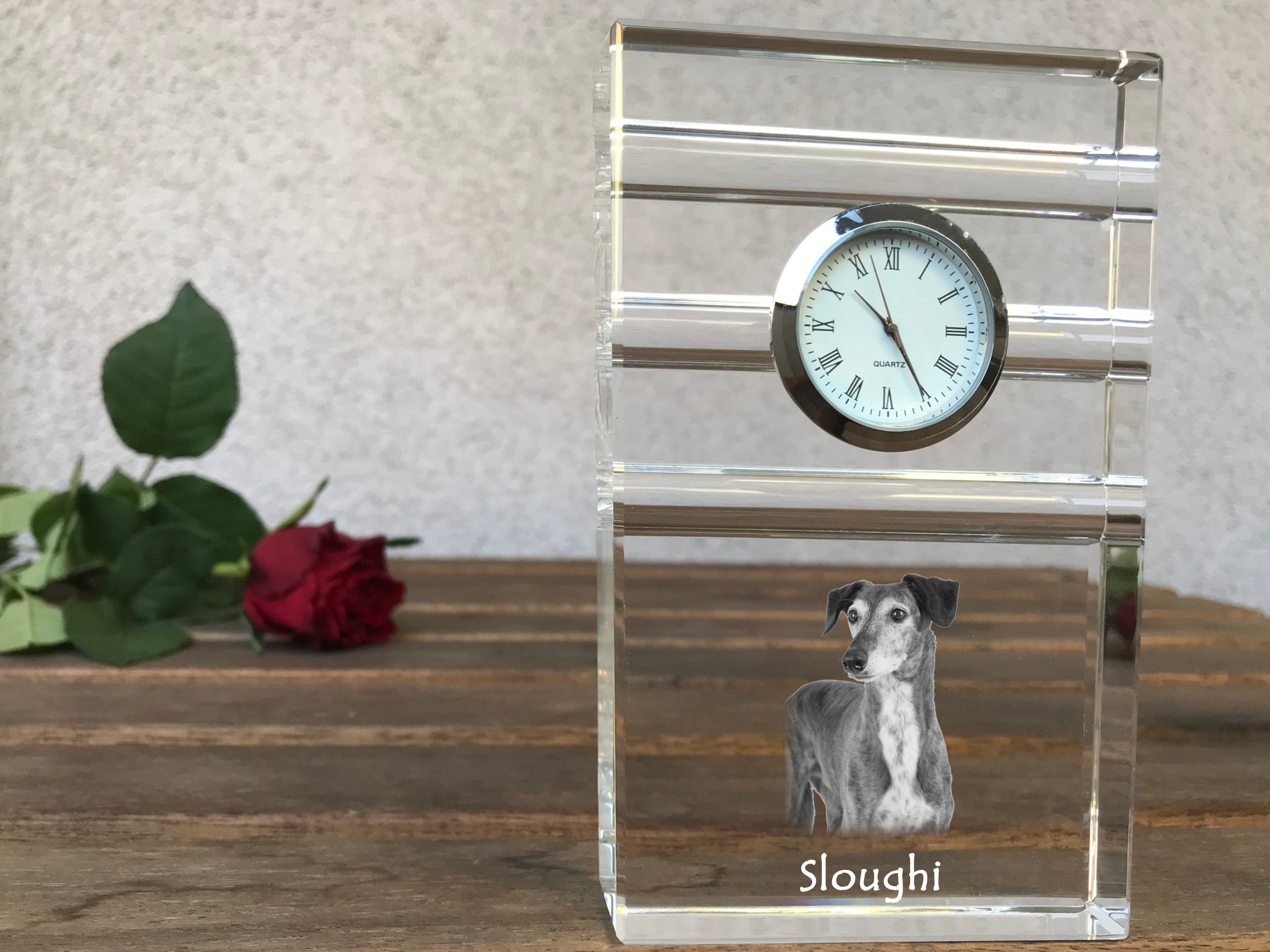Saluki, Persian Greyhound, Arabian hound, Gazelle hound - glass clock with a photo, photo of a dog in crystal, personalized standing office clock by Art-Dog brand