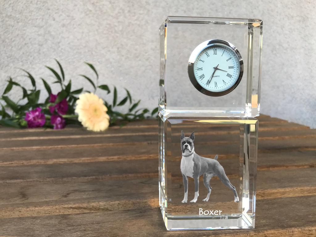 Boxer, German Boxer III - crystal clock with a photo, a photo of a dog in crystal, personalized desk clock by Art-Dog brand